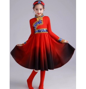 Girls kids red color Chinese folk Mongolian dance dresses  girls Mogolia Ethnic minority performance costumes Uyghur dance Mongolian dance wear for children